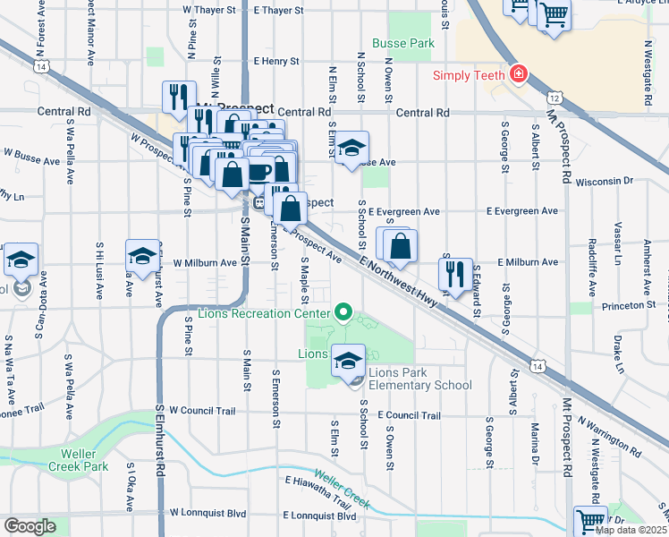 map of restaurants, bars, coffee shops, grocery stores, and more near 235 East Prospect Avenue in Mount Prospect