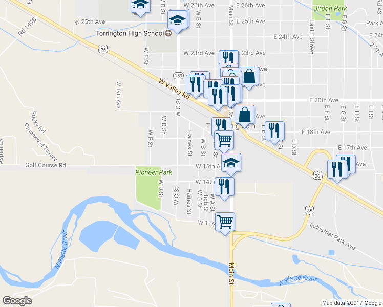 map of restaurants, bars, coffee shops, grocery stores, and more near 1533 Haines Street in Torrington