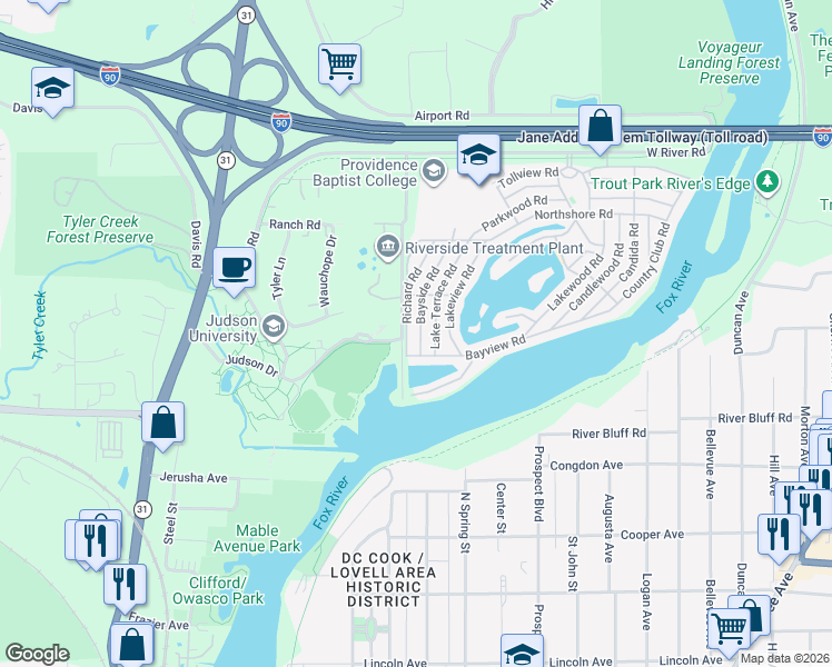 map of restaurants, bars, coffee shops, grocery stores, and more near 301 Bayview Road in Elgin