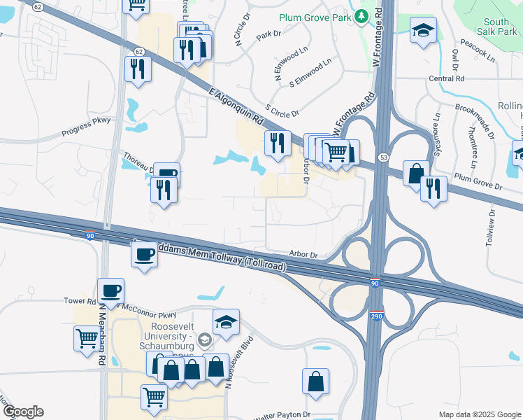map of restaurants, bars, coffee shops, grocery stores, and more near Birch Place in Schaumburg