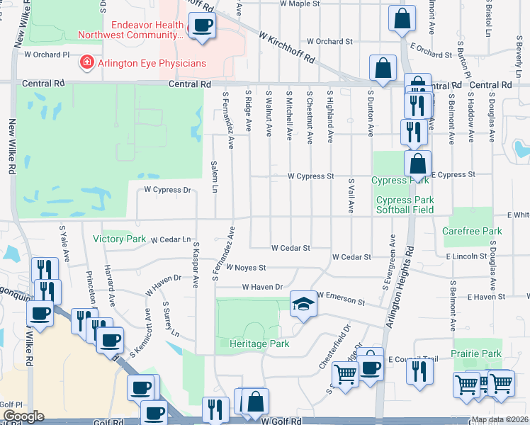 map of restaurants, bars, coffee shops, grocery stores, and more near 1296 South Walnut Avenue in Arlington Heights