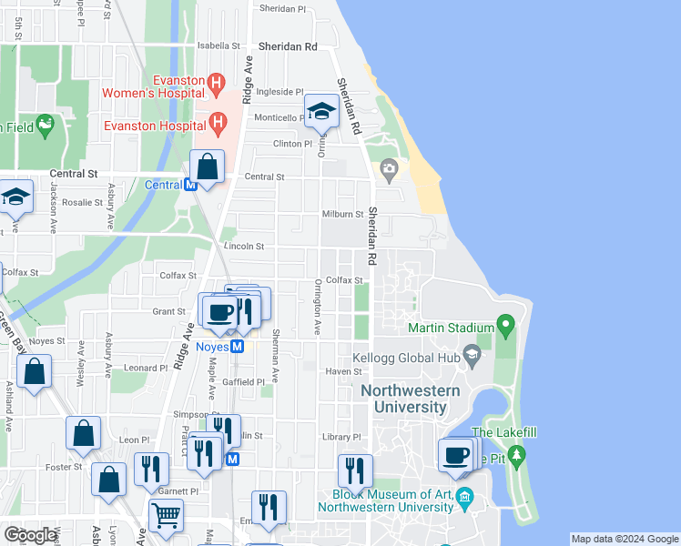 map of restaurants, bars, coffee shops, grocery stores, and more near 629 Colfax Street in Evanston