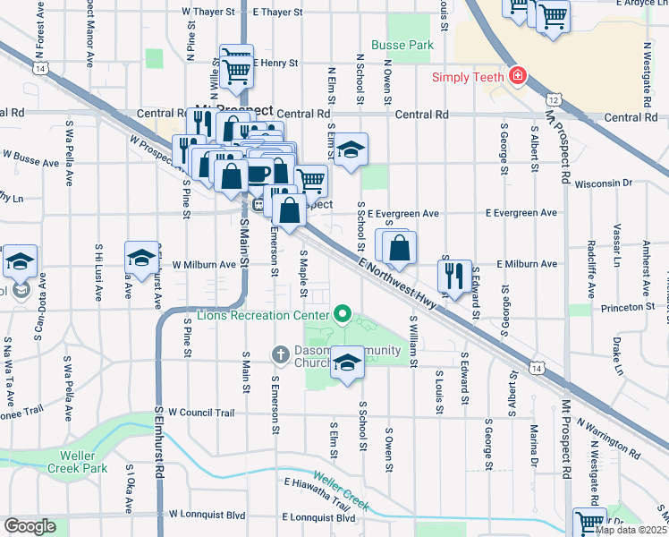 map of restaurants, bars, coffee shops, grocery stores, and more near 235 East Prospect Avenue in Mount Prospect