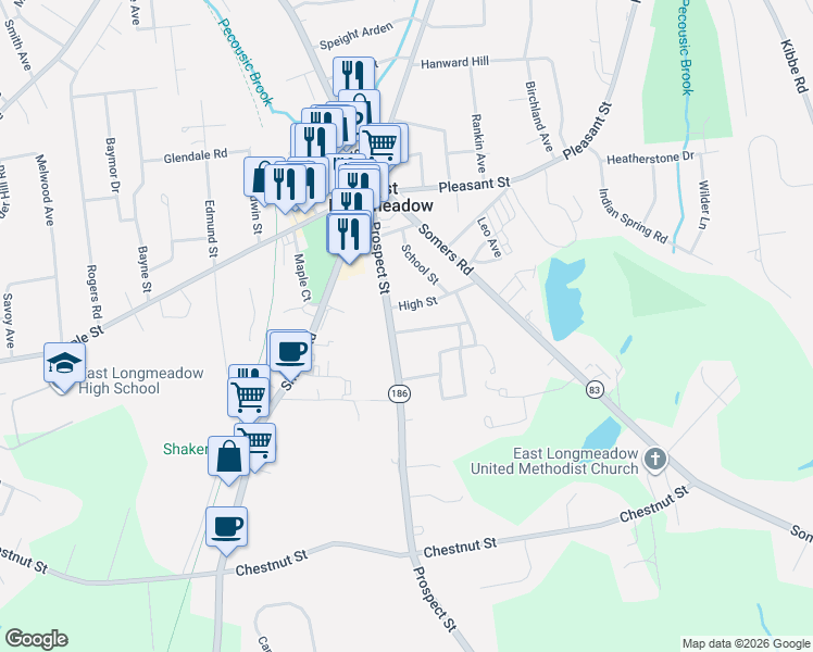 map of restaurants, bars, coffee shops, grocery stores, and more near 29 Crescent Hill in East Longmeadow
