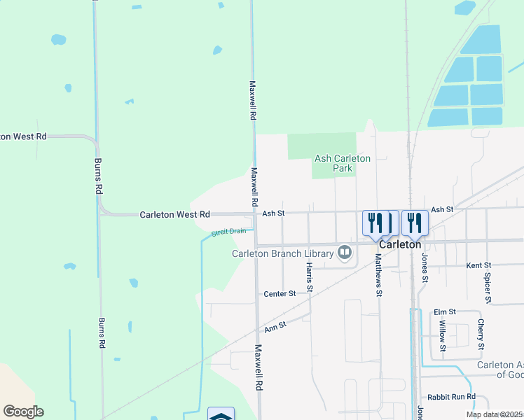 map of restaurants, bars, coffee shops, grocery stores, and more near 12885 Maxwell Road in Carleton