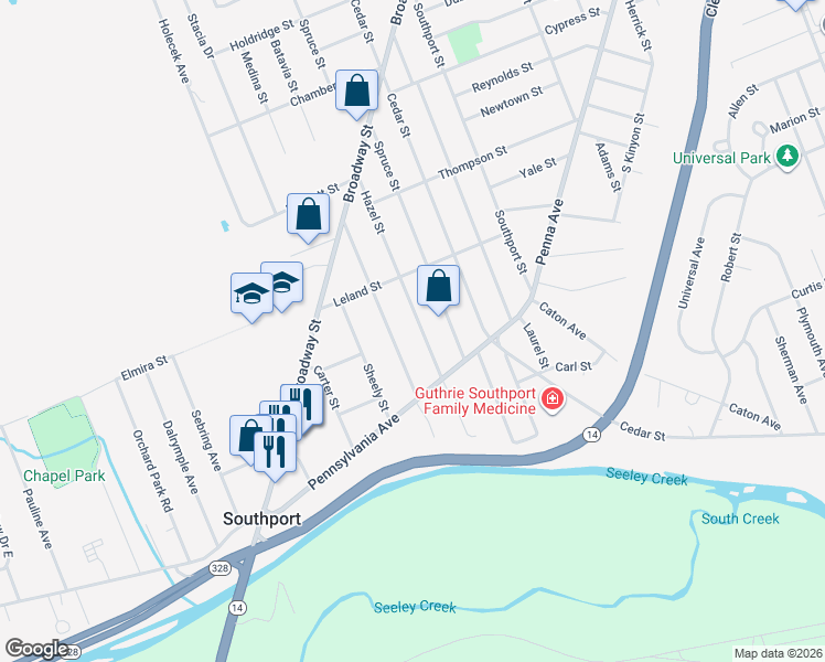 map of restaurants, bars, coffee shops, grocery stores, and more near 913 Hazel St in Elmira