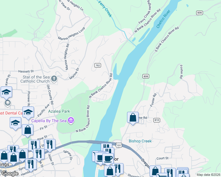 map of restaurants, bars, coffee shops, grocery stores, and more near 97748 North Bank Chetco River Road in Brookings