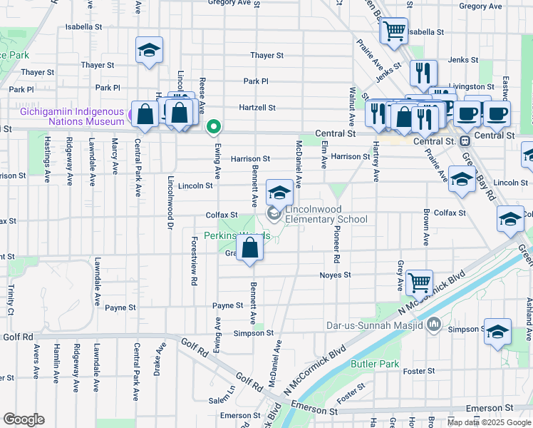 map of restaurants, bars, coffee shops, grocery stores, and more near 2600 Colfax Street in Evanston