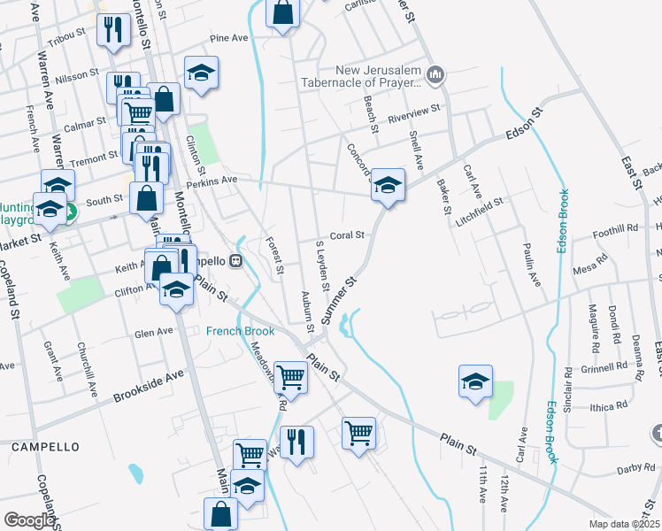 map of restaurants, bars, coffee shops, grocery stores, and more near 109 South Leyden Street in Brockton