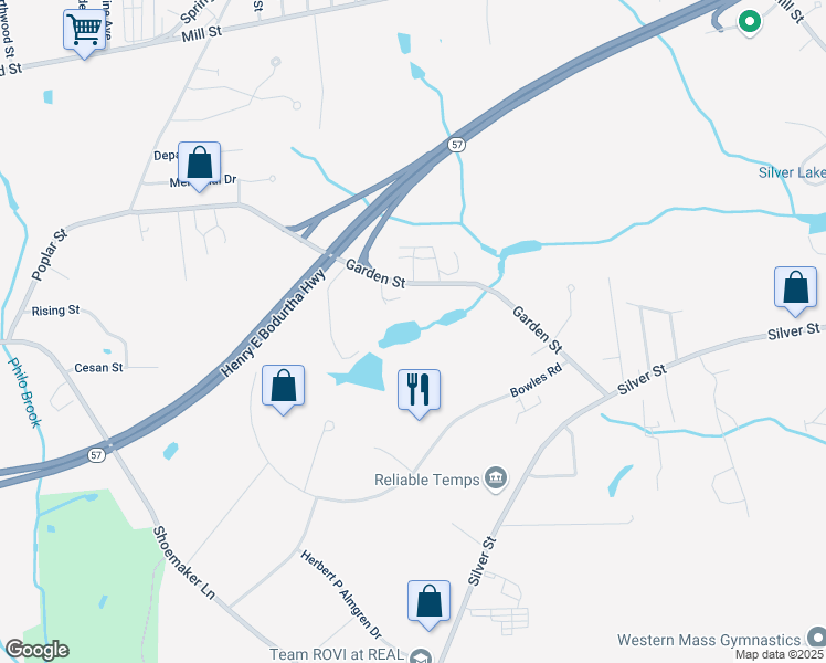 map of restaurants, bars, coffee shops, grocery stores, and more near 260 Garden Street in Agawam