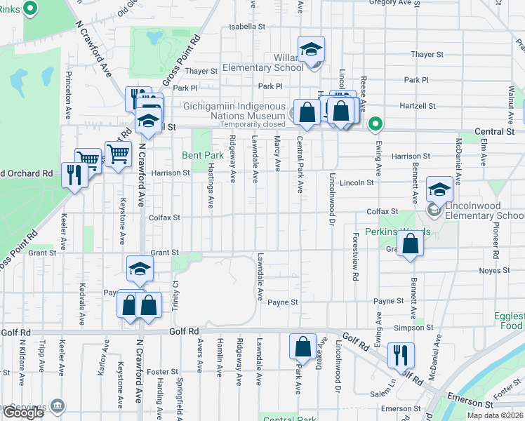 map of restaurants, bars, coffee shops, grocery stores, and more near 2423 Lawndale Avenue in Evanston