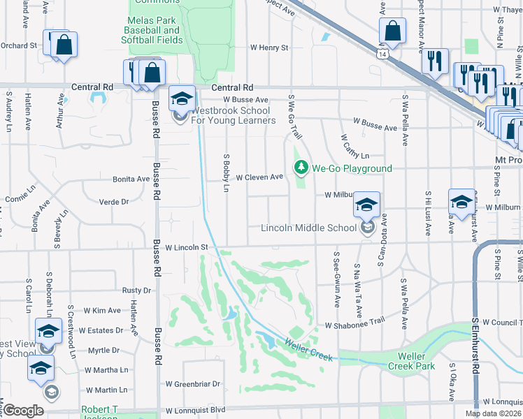 map of restaurants, bars, coffee shops, grocery stores, and more near 1202 West Milburn Avenue in Mount Prospect