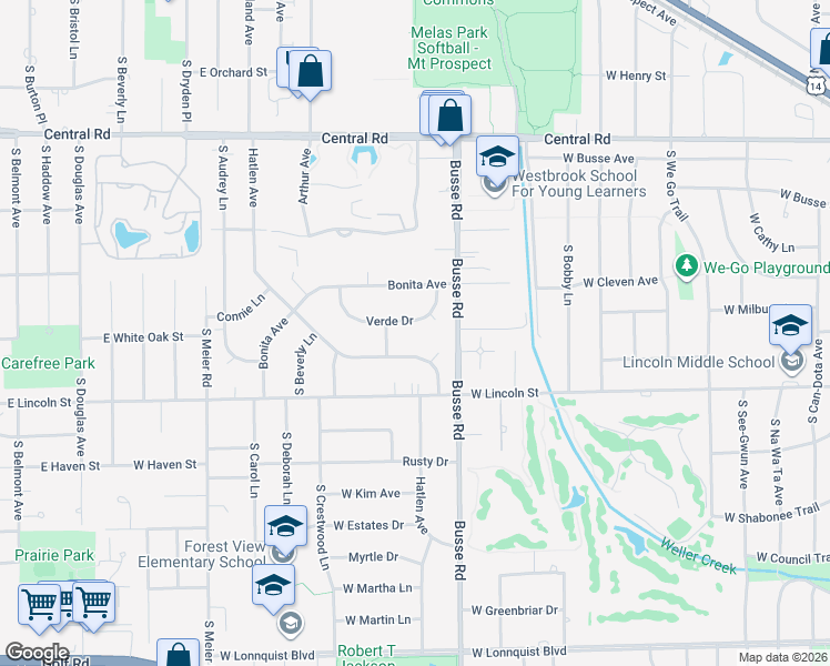 map of restaurants, bars, coffee shops, grocery stores, and more near 1706 Verde Drive in Mount Prospect