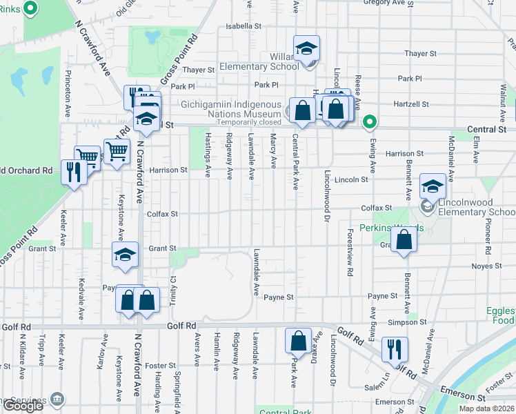 map of restaurants, bars, coffee shops, grocery stores, and more near 2423 Lawndale Avenue in Evanston