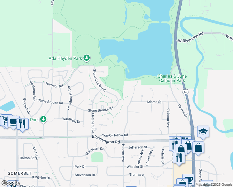 map of restaurants, bars, coffee shops, grocery stores, and more near 4104 Stone Brooke Road in Ames
