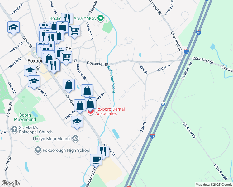 map of restaurants, bars, coffee shops, grocery stores, and more near 15 Hillcrest Road in Foxborough