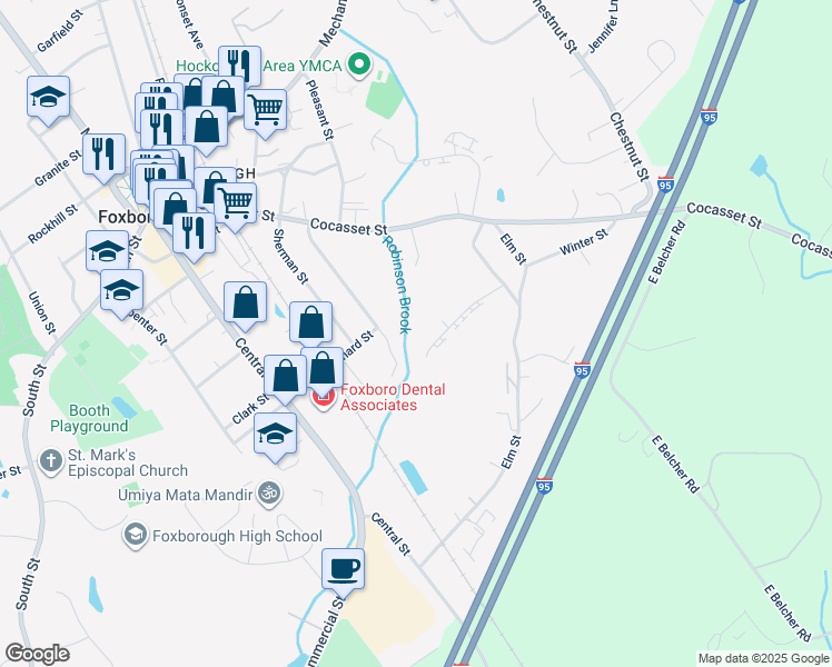 map of restaurants, bars, coffee shops, grocery stores, and more near 15 Hillcrest Road in Foxborough
