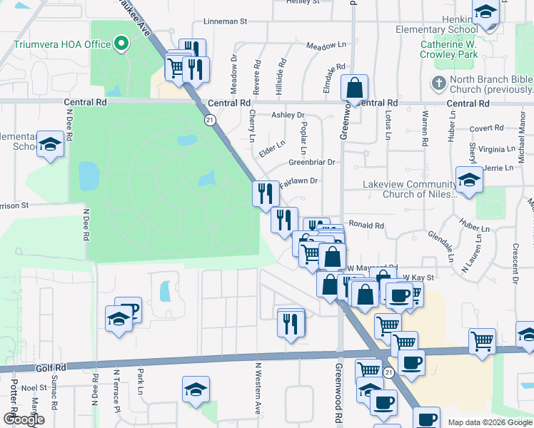 map of restaurants, bars, coffee shops, grocery stores, and more near 342 Cherry Lane in Glenview