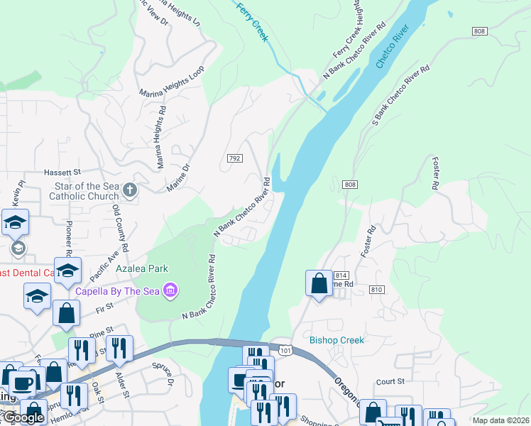 map of restaurants, bars, coffee shops, grocery stores, and more near 97748 North Bank Chetco River Road in Brookings