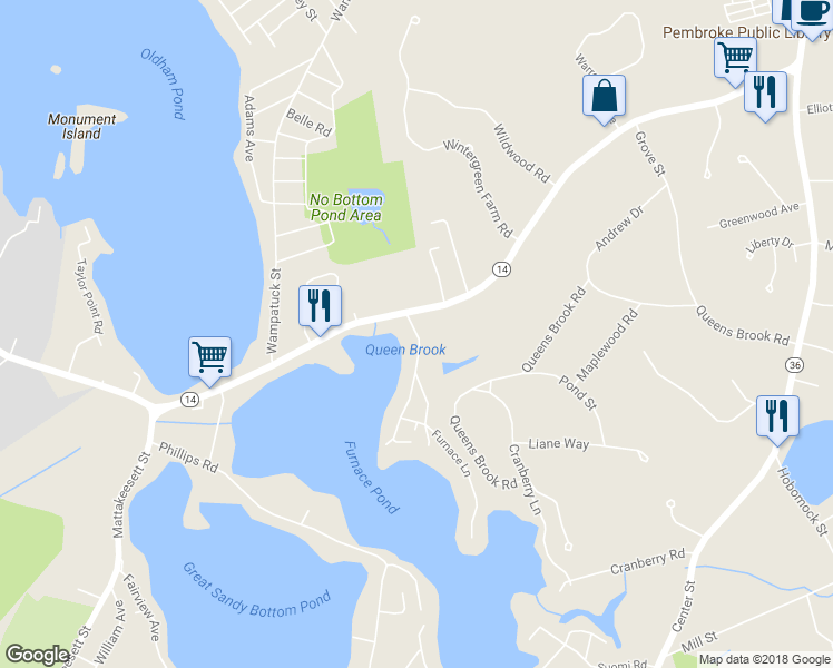 map of restaurants, bars, coffee shops, grocery stores, and more near 15 Furnace Lane in Pembroke