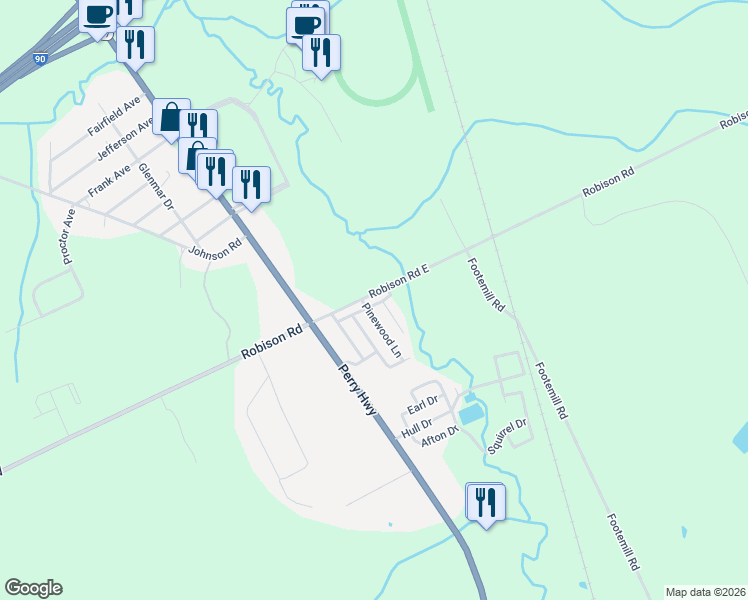 map of restaurants, bars, coffee shops, grocery stores, and more near 66-88 Robison Road East in Erie