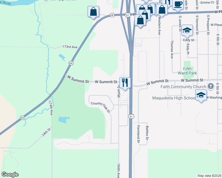 map of restaurants, bars, coffee shops, grocery stores, and more near 17933-18399 West Summit Street in Maquoketa