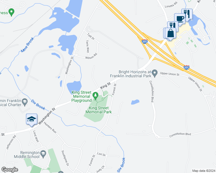 map of restaurants, bars, coffee shops, grocery stores, and more near 733 King Street in Franklin
