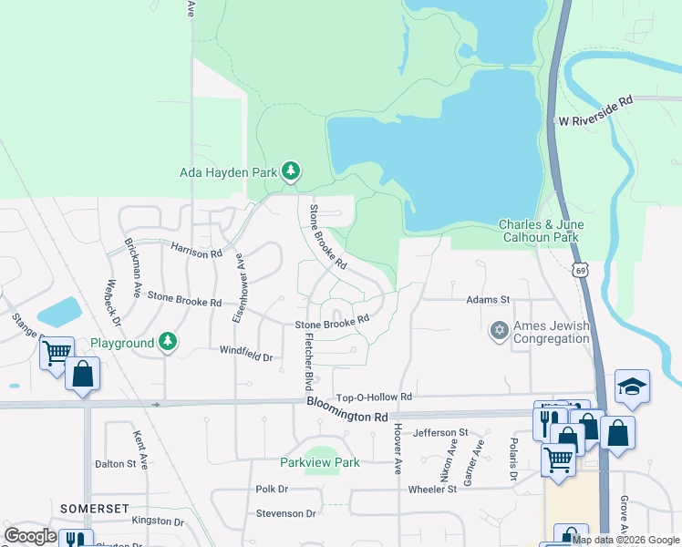 map of restaurants, bars, coffee shops, grocery stores, and more near 4138 Stone Brooke Road in Ames