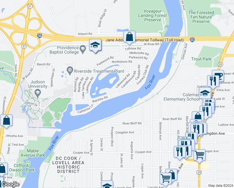 map of restaurants, bars, coffee shops, grocery stores, and more near 150 Bayview Road in Elgin