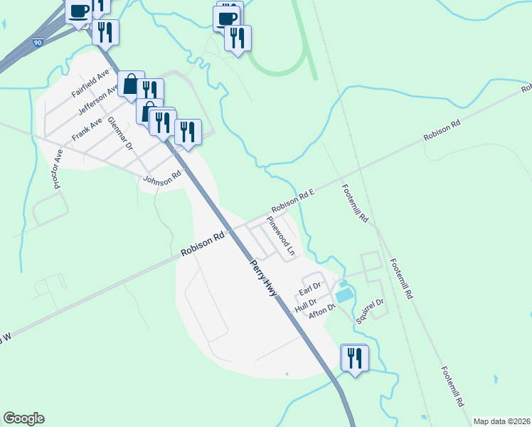 map of restaurants, bars, coffee shops, grocery stores, and more near 66 Robison Road East in Erie