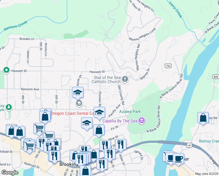 map of restaurants, bars, coffee shops, grocery stores, and more near 821 Old County Road in Brookings