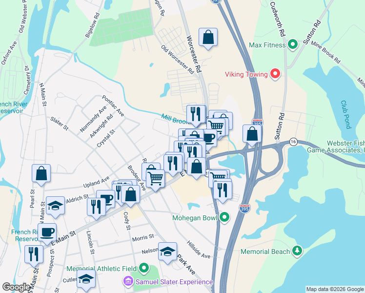 map of restaurants, bars, coffee shops, grocery stores, and more near 42 Hartley Street in Webster