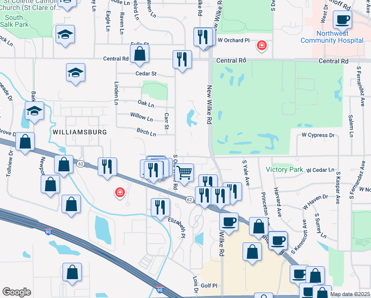 map of restaurants, bars, coffee shops, grocery stores, and more near 1227 South Old Wilke Road in Arlington Heights