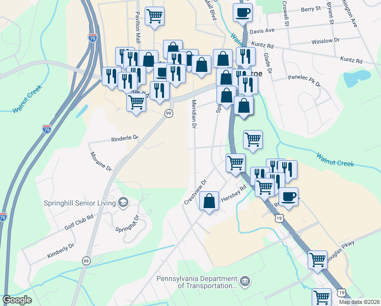 map of restaurants, bars, coffee shops, grocery stores, and more near 6106 Meridian Drive in Erie