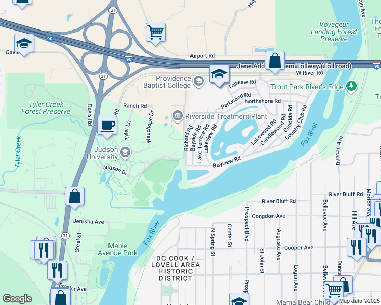 map of restaurants, bars, coffee shops, grocery stores, and more near 1046 Bayside Road in Elgin
