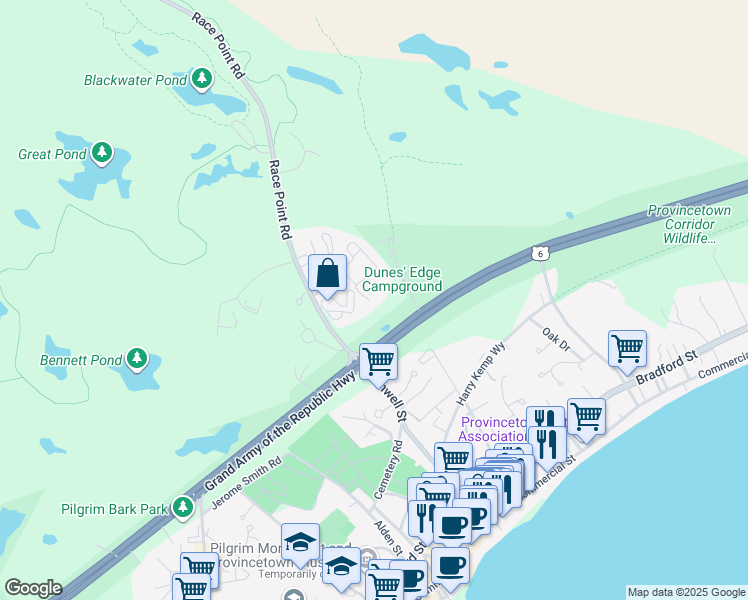 map of restaurants, bars, coffee shops, grocery stores, and more near 40A Nelson Avenue in Provincetown