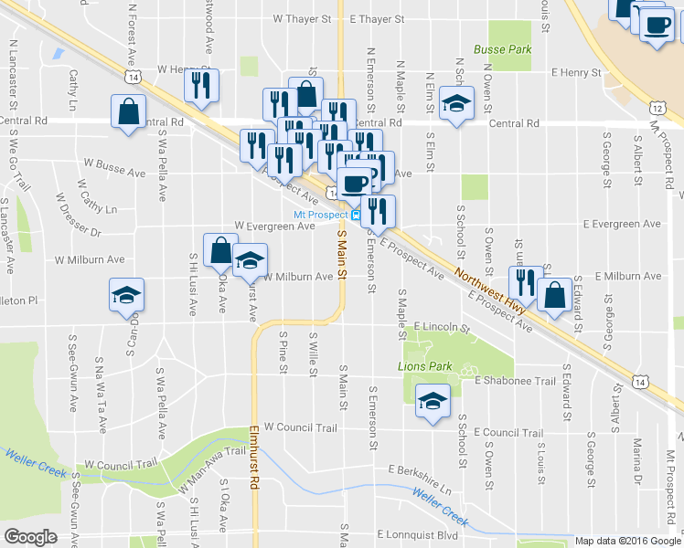 map of restaurants, bars, coffee shops, grocery stores, and more near 215 South Wille Street in Mount Prospect