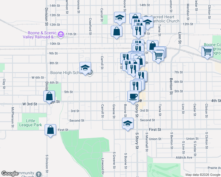 map of restaurants, bars, coffee shops, grocery stores, and more near 527 Greene Street in Boone