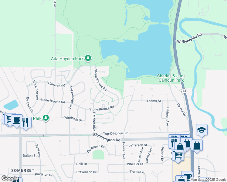 map of restaurants, bars, coffee shops, grocery stores, and more near 4104 Stone Brooke Road in Ames