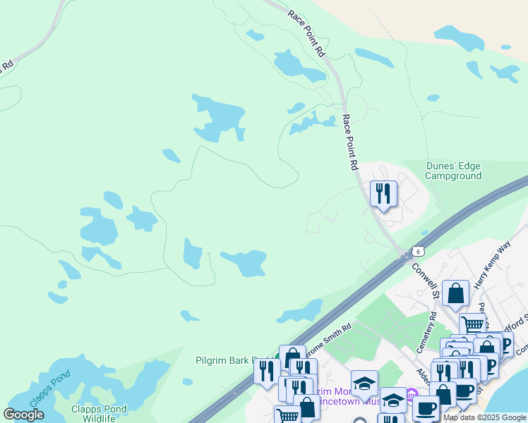 map of restaurants, bars, coffee shops, grocery stores, and more near Province Lands Bike Trail in Provincetown