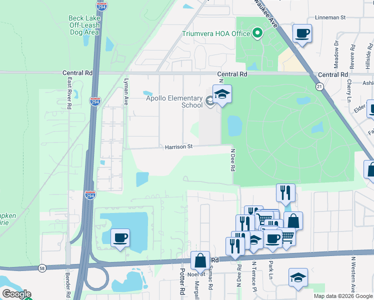 map of restaurants, bars, coffee shops, grocery stores, and more near 10001 Potter Road in Des Plaines