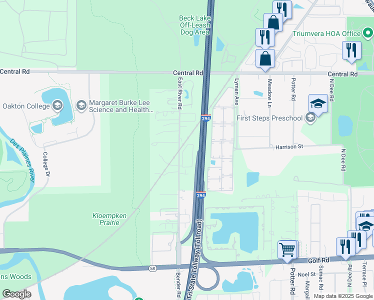 map of restaurants, bars, coffee shops, grocery stores, and more near 387 Oak Trails Road in Des Plaines