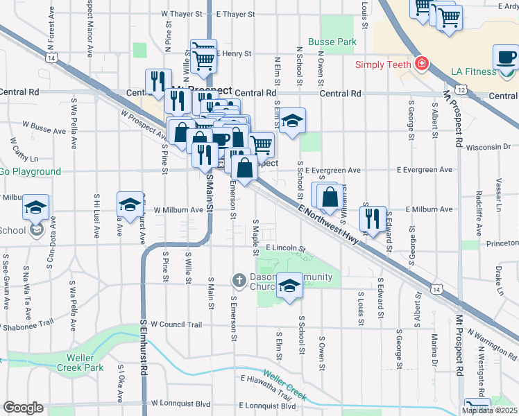 map of restaurants, bars, coffee shops, grocery stores, and more near 607 East Prospect Avenue in Mount Prospect