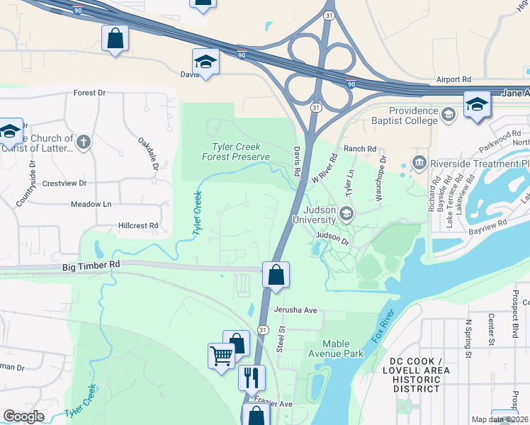 map of restaurants, bars, coffee shops, grocery stores, and more near 1140 Florimond Drive in Elgin