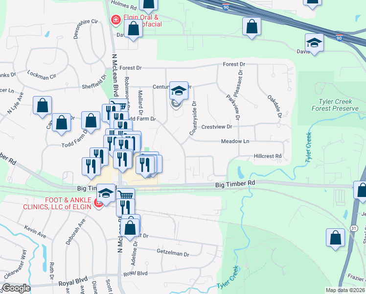 map of restaurants, bars, coffee shops, grocery stores, and more near 1125 Countryside Drive in Elgin