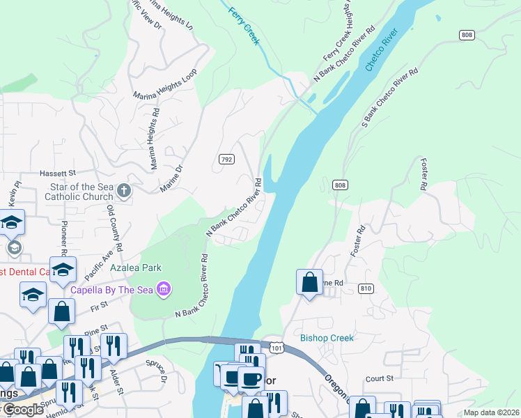 map of restaurants, bars, coffee shops, grocery stores, and more near 97748 North Bank Chetco River Road in Brookings