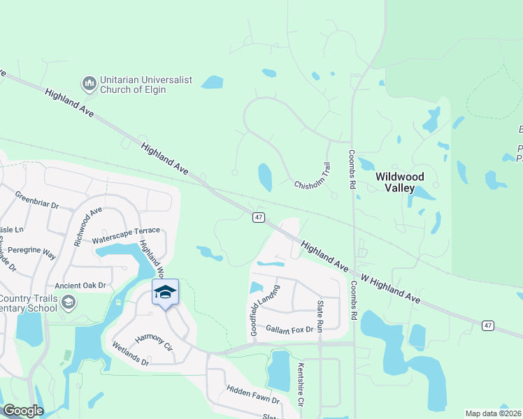 map of restaurants, bars, coffee shops, grocery stores, and more near 39W284 Highland Avenue in Elgin