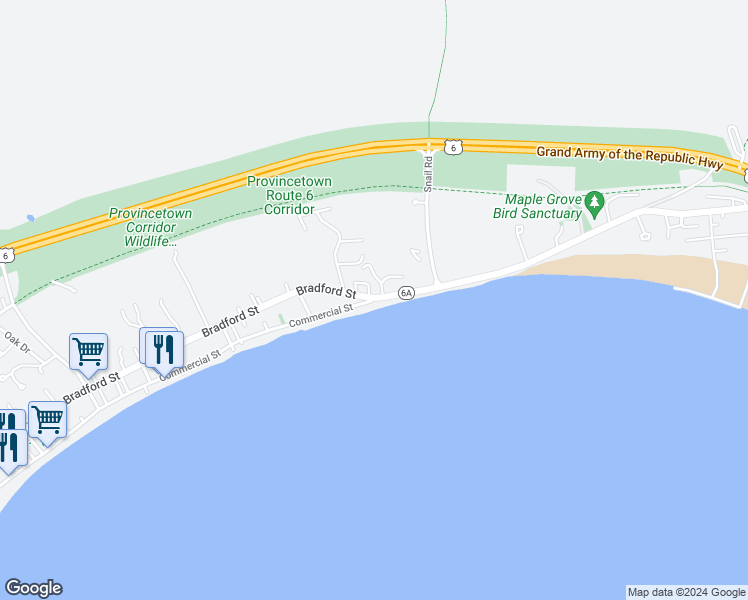 map of restaurants, bars, coffee shops, grocery stores, and more near Commercial Street in Provincetown