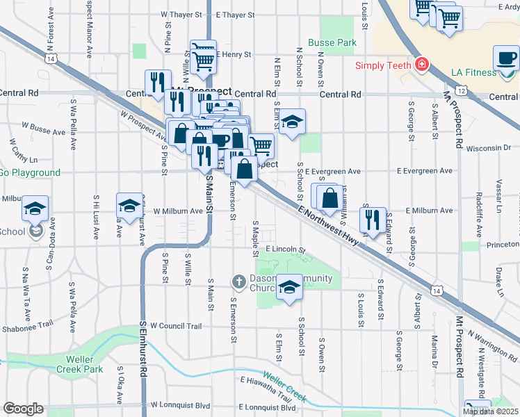 map of restaurants, bars, coffee shops, grocery stores, and more near 607 East Prospect Avenue in Mount Prospect