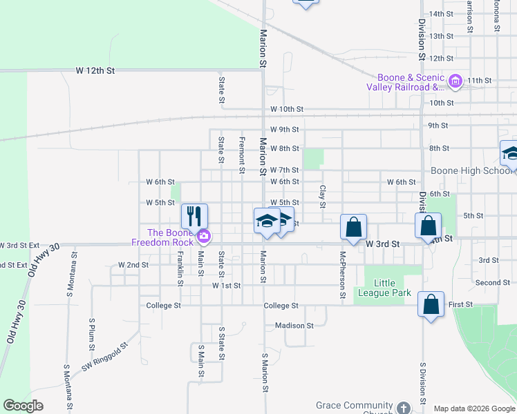 map of restaurants, bars, coffee shops, grocery stores, and more near 503 Marion Street in Boone
